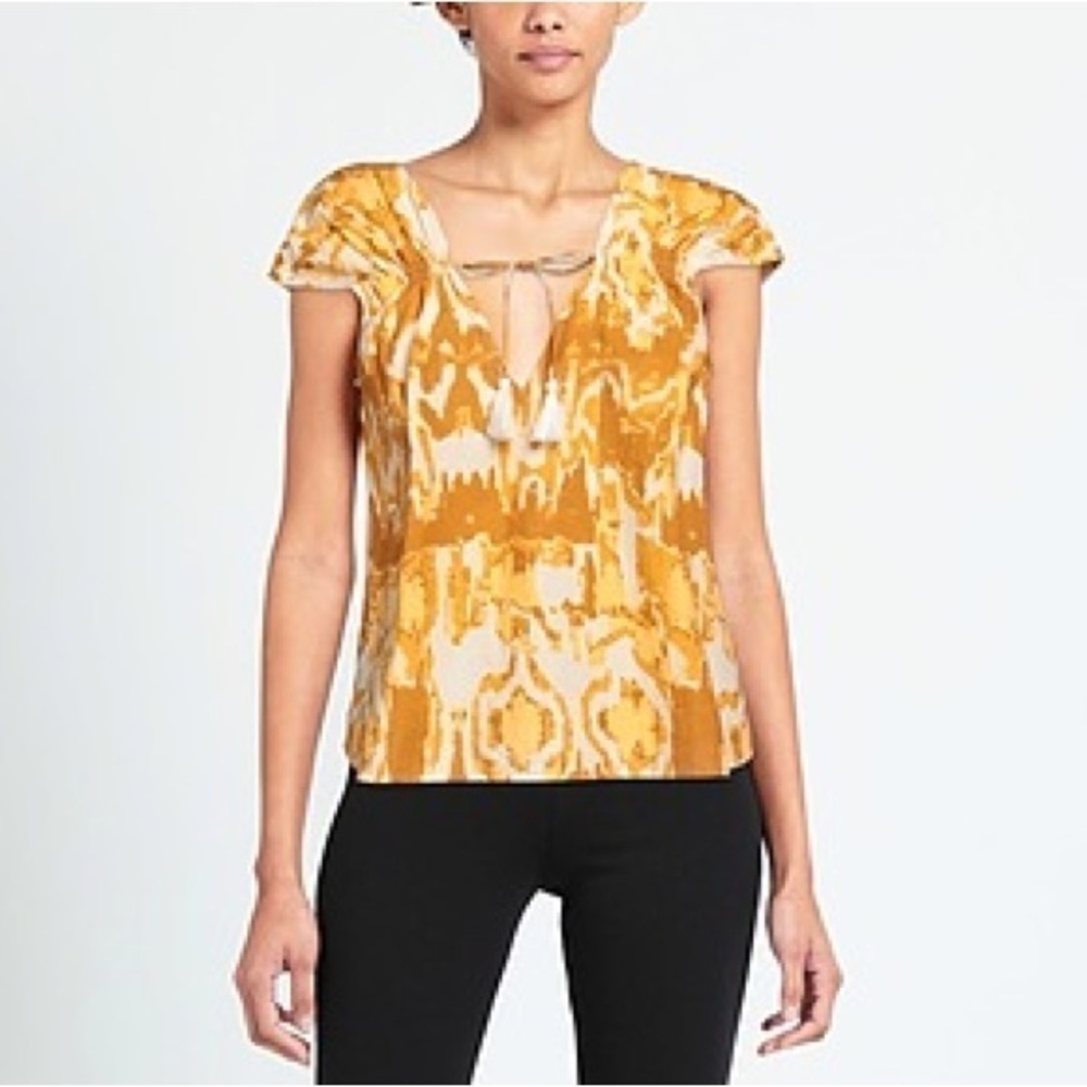 NWT Cleobella Naomi Blouse Watercolor Ikat Print Yellow White Short Sleeve Small